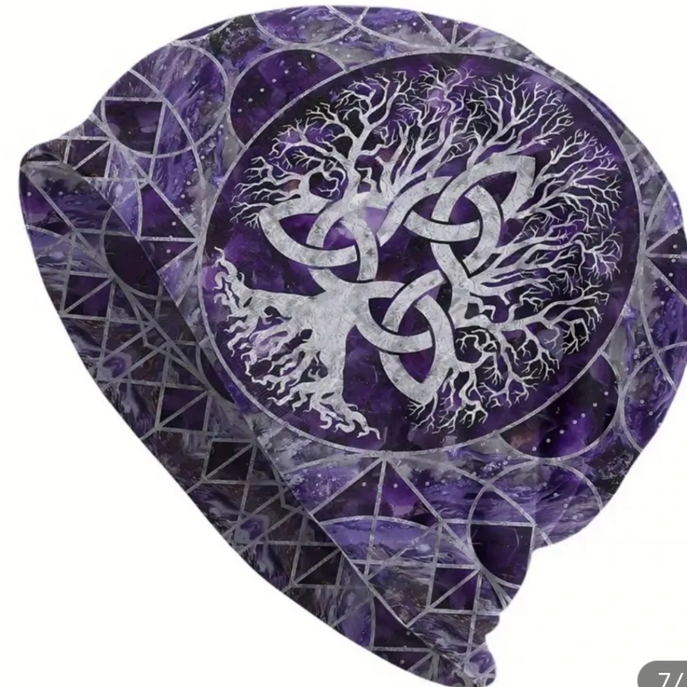 Purple and White Tree Of Life Triquetra Slouch Beanie
